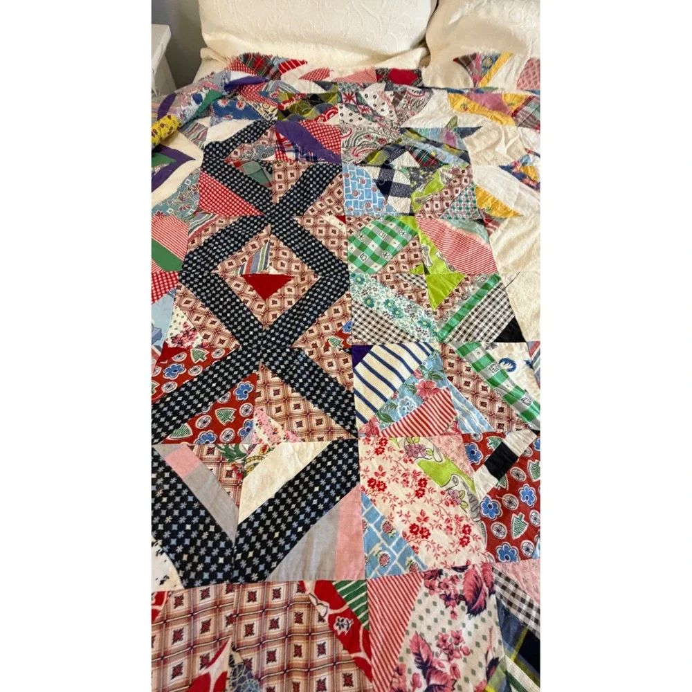 Vintage Hand Pieced Scrap Quilt Top Unfinished Varied  Cotton Colorful Patchwork